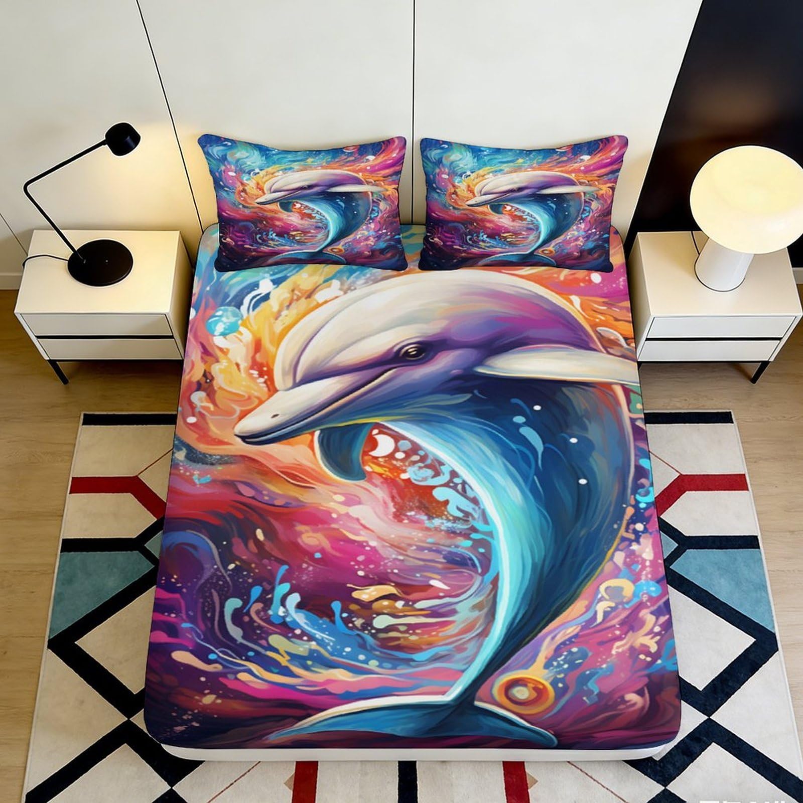 3D Printed Colorful Dolphin Fitted Sheet Microfiber Vibrant Abstract Bed Cover for Bedroom Dormitory Guest Room Mattress Protection Decoration 140x200x25cm