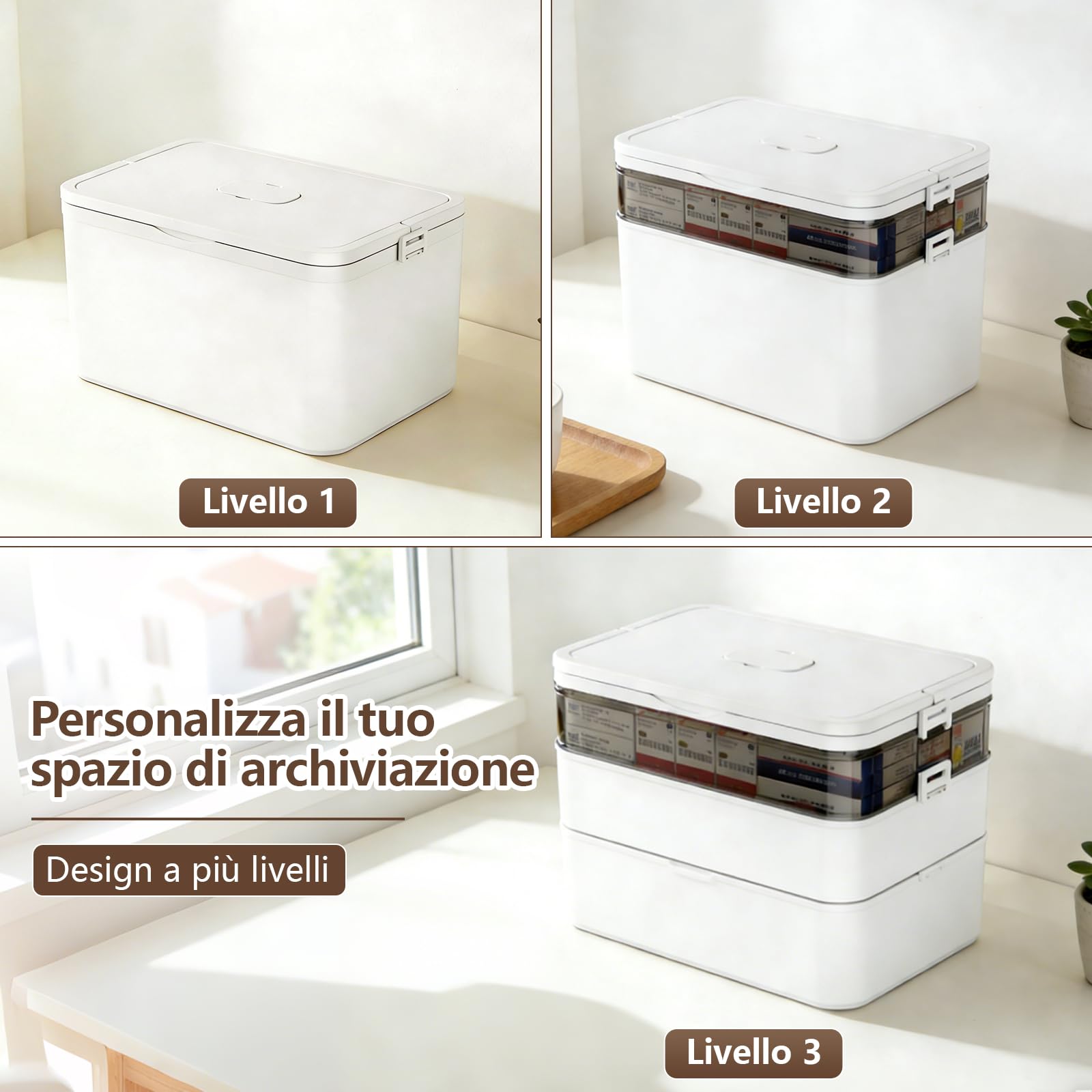 Scatola Portaoggetti per Medicinali a 3 Ripiani, Grande Scatola per Medicinali con Manico e Scomparti Rimovibili, Organizer per Famiglia, Ufficio, Scuola e Viaggi, Bianco