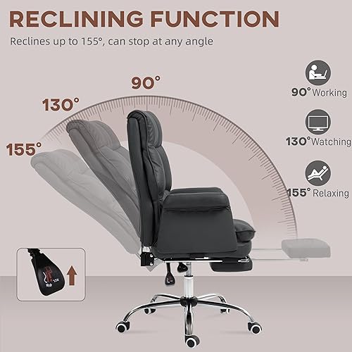 Miniatura 6 de HOMCOM Silla de oficina ejecutiva, silla de escritorio ergonómica de piel sintética con reposapiés, silla reclinable y giratoria, color negro