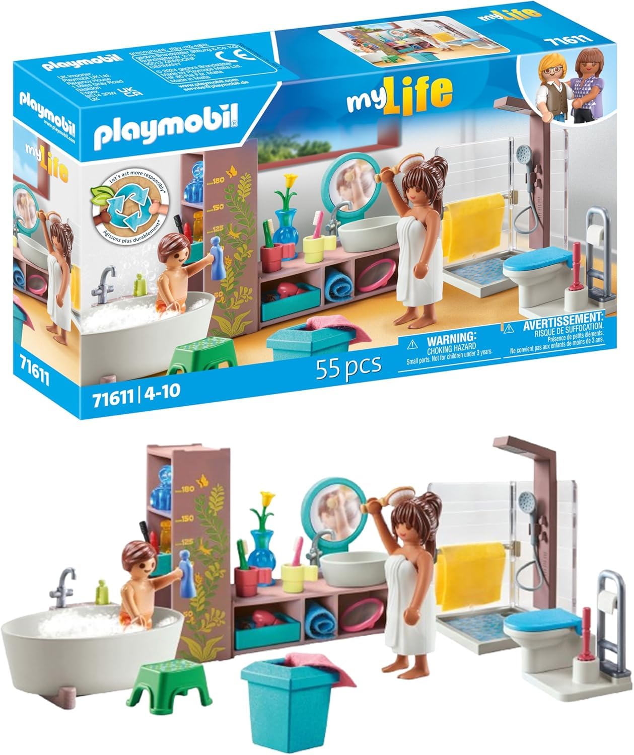 PLAYMOBIL MyLife 71611 Badezimmer, inklusive Zwei Figuren und zahlreichen Accessoires, zu über 80 % aus recycelten und biobasierten Materialien, detailreiches Spielzeug für Kinder ab 4 Jahren