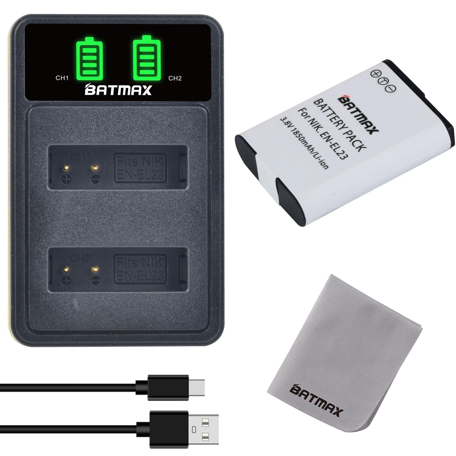 Batmax EN-EL23 Akku-Set Für Nikon Coolpix | 2 Akkus + Aufbewahrungskoffer Mit Speicherkarten-Hülle | 1850 MAh | Mehrfachschutz