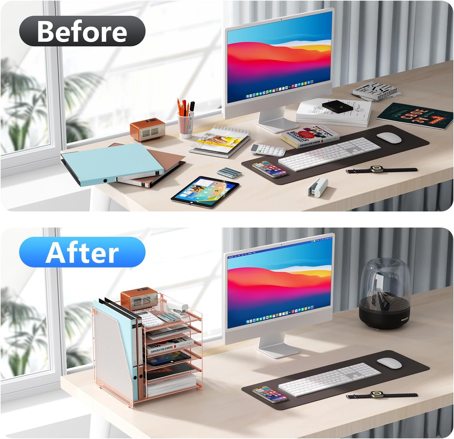 gianotter Desk Organizers and Accessories, 6-Tier Paper Organizer with Magazine rack, File Organizer for Desk, Office Desk Accessories & Workspace(Rose Gold)