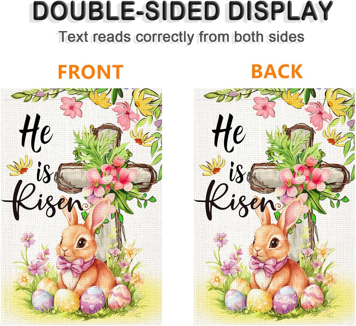 LosFong He Is Risen Christian Easter Garden Flag 12x18 Inch Double Sided Easter Eggs Bunny Cross Floral Small Garden Flags, Lawn Yard Flag for Outdoor Decoration - Image 2