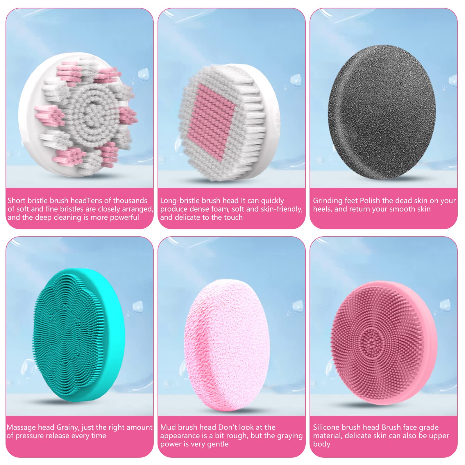 Cepillo Eléctrico para el Cuerpo,kit de Cepillo de Limpieza Corporal con 6 Cabezales de Cepillo,Cepillo de Ducha Recargable con Mango Largo,Baño Cepillo para Masaje Exfoliante Depurador (Rosa)
