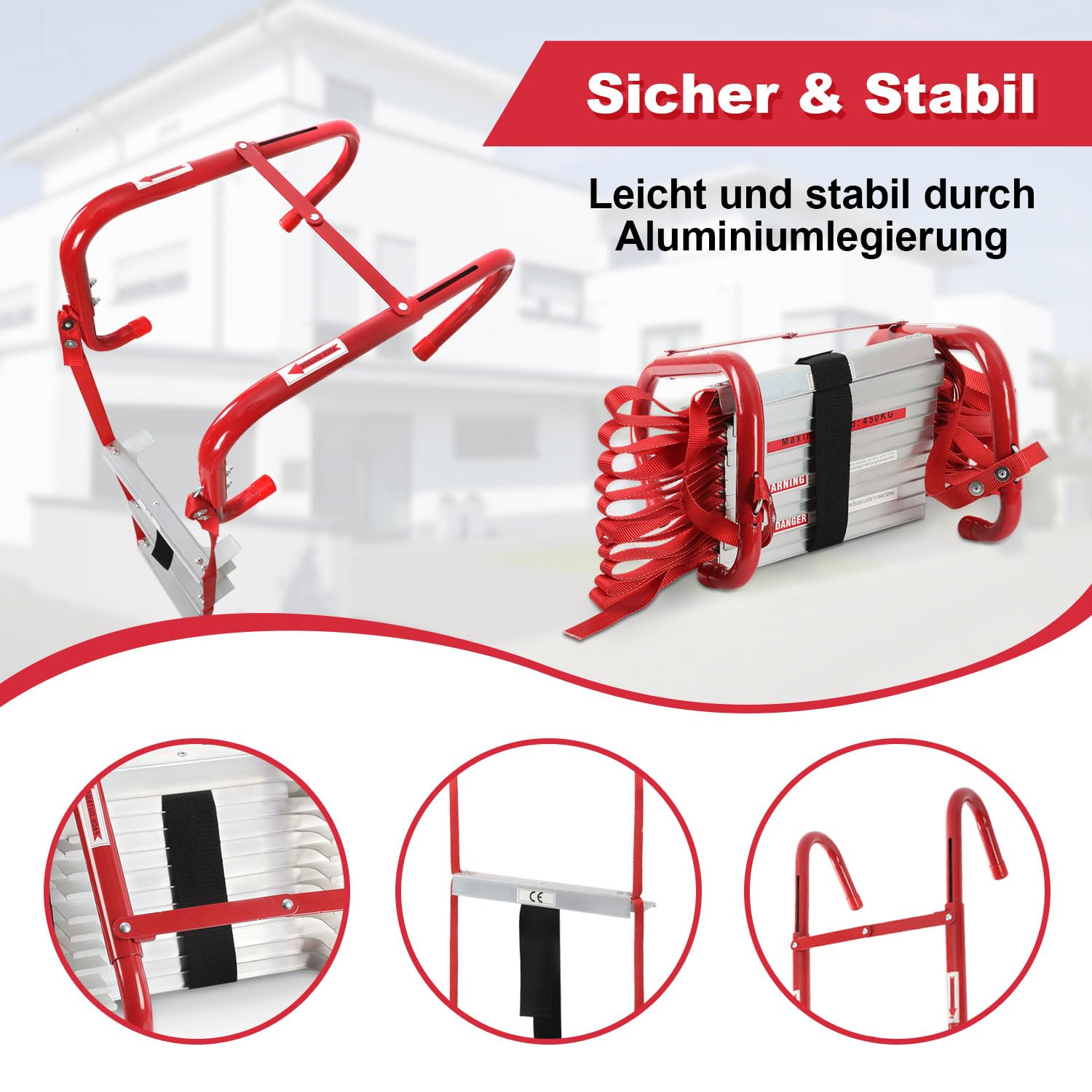 4.5m Aluminium Feuerleiter - Tragkraft 450kg, Einweg-Rettungsleiter mit 3-Sekunden-Entfaltung, Einfache Bedienung ohne Montage, Ideal für Häuser/Büros/Schulen