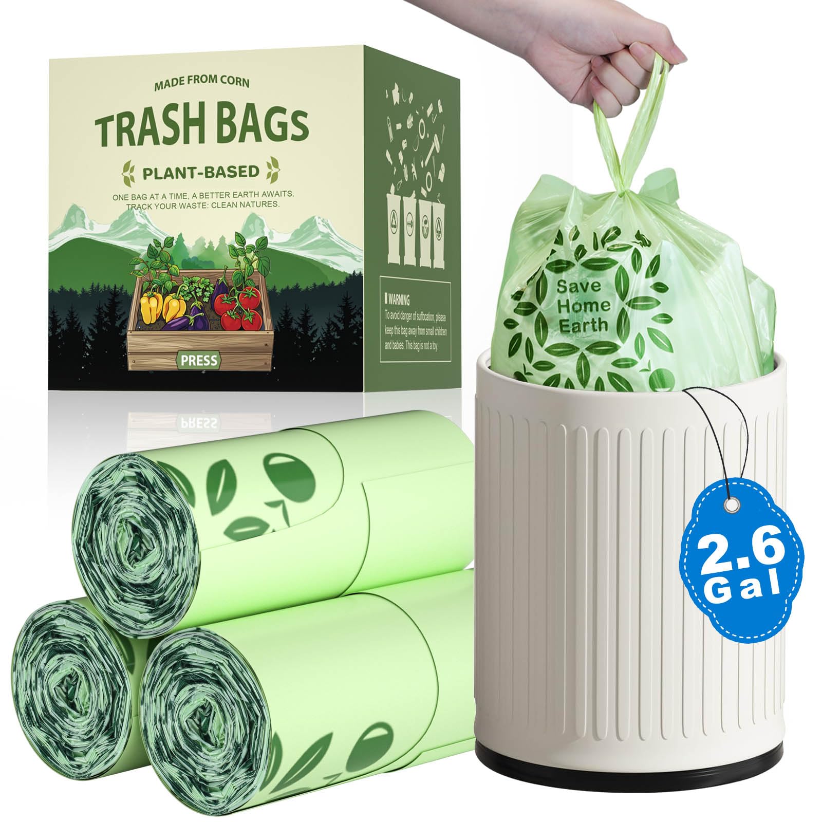 AYOTEE 2.6 Gallon Compost Bags with Handle Tie, 75 Count Small Biodegradable TrashBags 2.6 Gallon Trash Bag, Certified By ASTM Standard Mini Compost Kitchen Food Scrap Waste Bags for Compost Bin Green