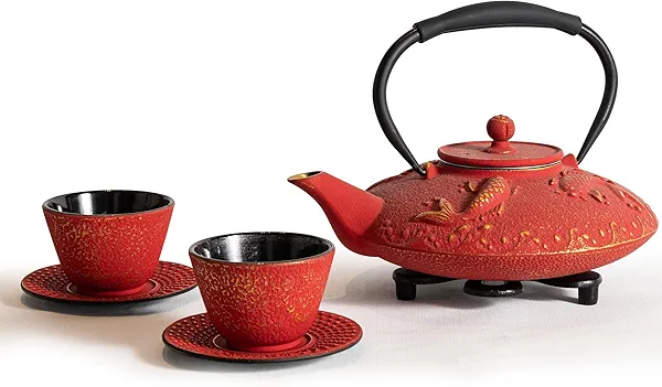 GUANGHEIRON Cast Iron Teapot Set with 2 Tea Cups, 7Pcs Japanese Tea Kettle with Stainless Steel Infuser, Tea Pot Coated with Enameled Interior, Fish Pattern, 27oz 780ml Red