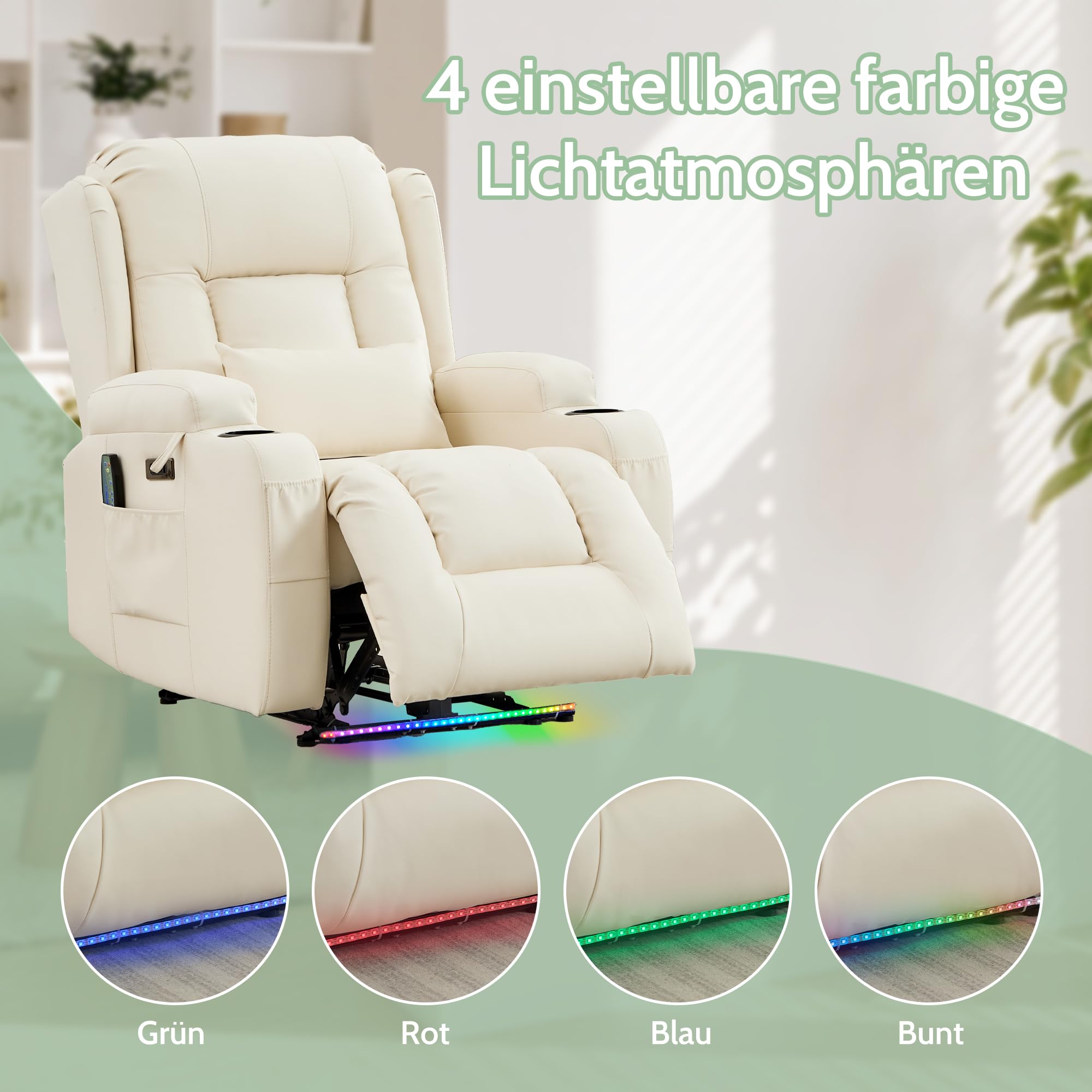 Relaxsessel mit Massage und Heizfunktion, Fernsehsessel Elektrisch Verstellbar, TV Sessel mit USB-Anschlüsse, Getränkehalter, Seitentaschen, Kunstleder (Cremeweiß)