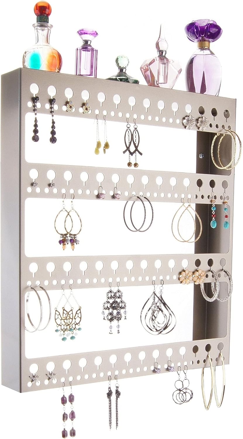 Angelynn's Wall Mounted Big Earring Holder Organizer Display Long Post Stud Large Dangle Hoop Pierced Earrings, Hanging Closet Jewelry Storage Rack with Shelf, Rose Satin Nickel Silver 14 1/2"x18"