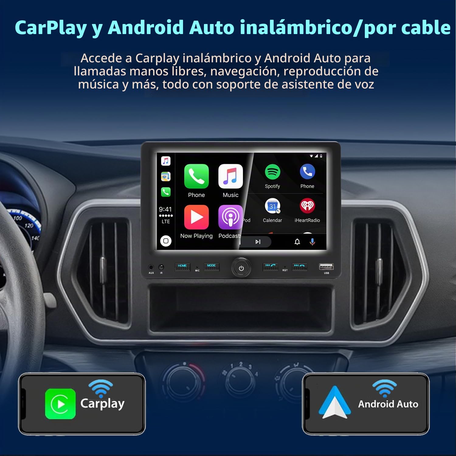 Radio Coche 1 DIN con Pantalla táctil Ajustable (7") Compatible con [Wireless] Apple CarPlay/Android Auto Bluetooth Radio (Am/FM/RDS) USB (Tipo-C Carga rápida de 3A) Cámara de Respaldo AUX SD