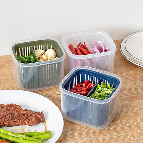 Miniatura 2 de 2 recipientes de almacenamiento de frutas y verduras, contenedor de alimentos con canasta de drenaje, recipiente fresco, organizador de frutas y