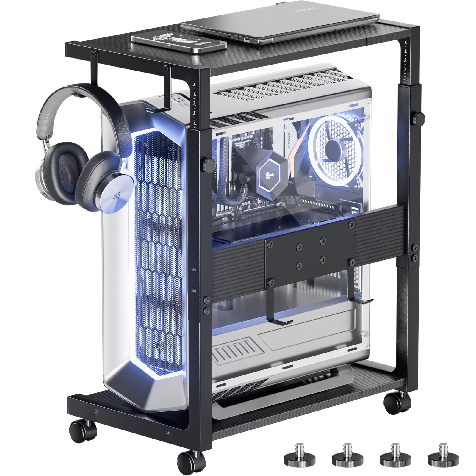 Computer Tower Ständer - Höhenverstellbarer PC Tower Ständer Gehäuse Halterung CPU Halter Wagen mit Rollen und 4 Haken für Home Office und Klassenzimmer, 58.5-71.9cm (H), Schwarz
