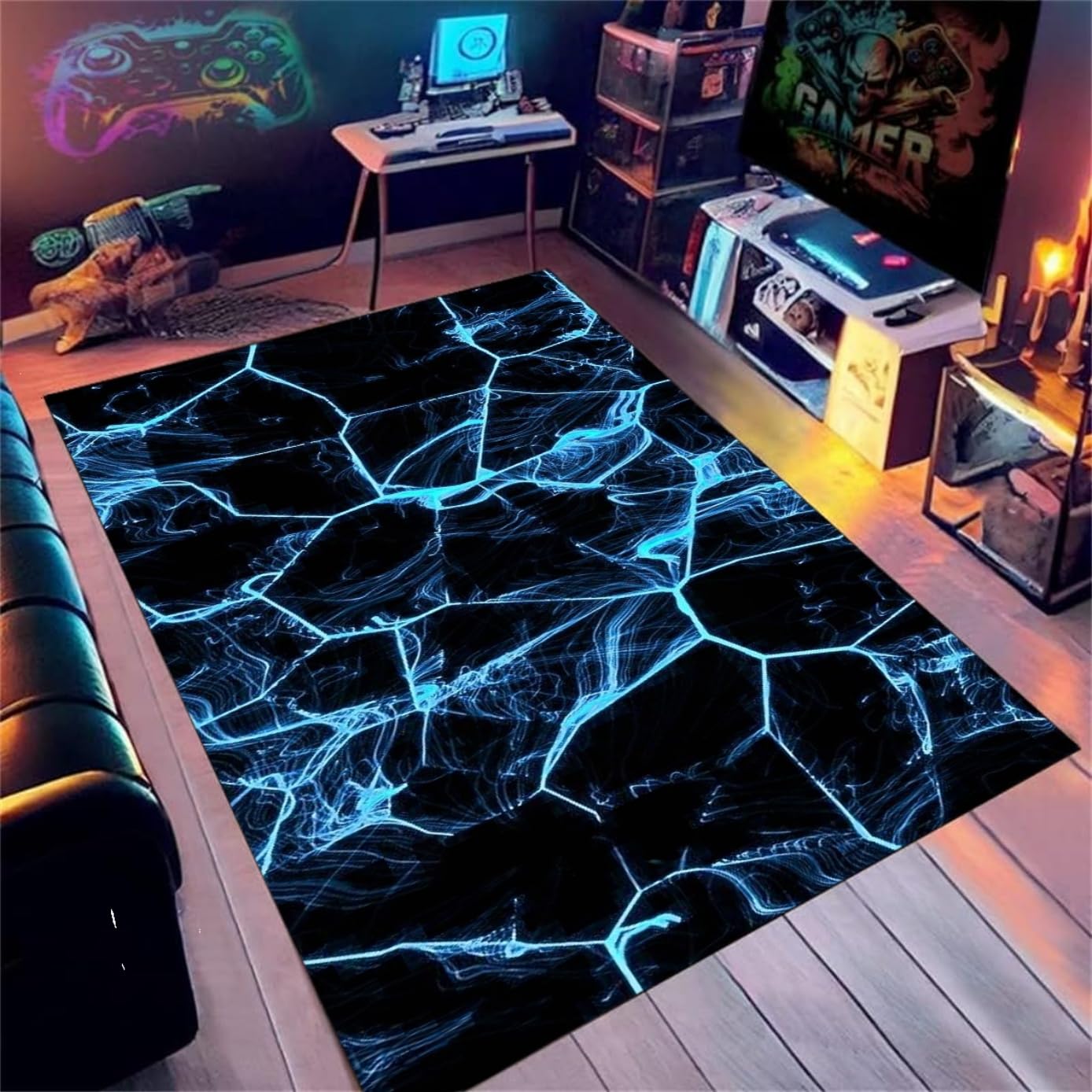 Neon 3D Vision Rug for Gamers, Flannel Soft Carpet for Teen Boys Bedroom & Game Room, Colourful Optical Illusion Gaming Mat, Non-Slip, Comfortable Carpet Gamer Bedroom Accessories, 80x120 cm, Color 2
