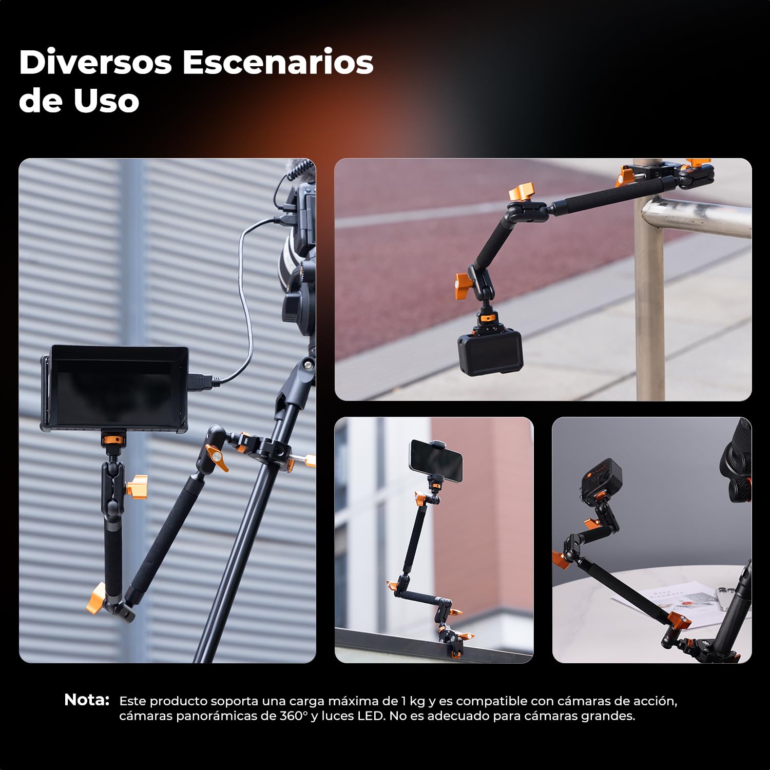 K&F CONCEPT Kit de Brazo Mágico 22" con Pinza, Soporte de Cámara Articulado para Teléfono, Cámara de Acción, Luz LED, Micrófono
