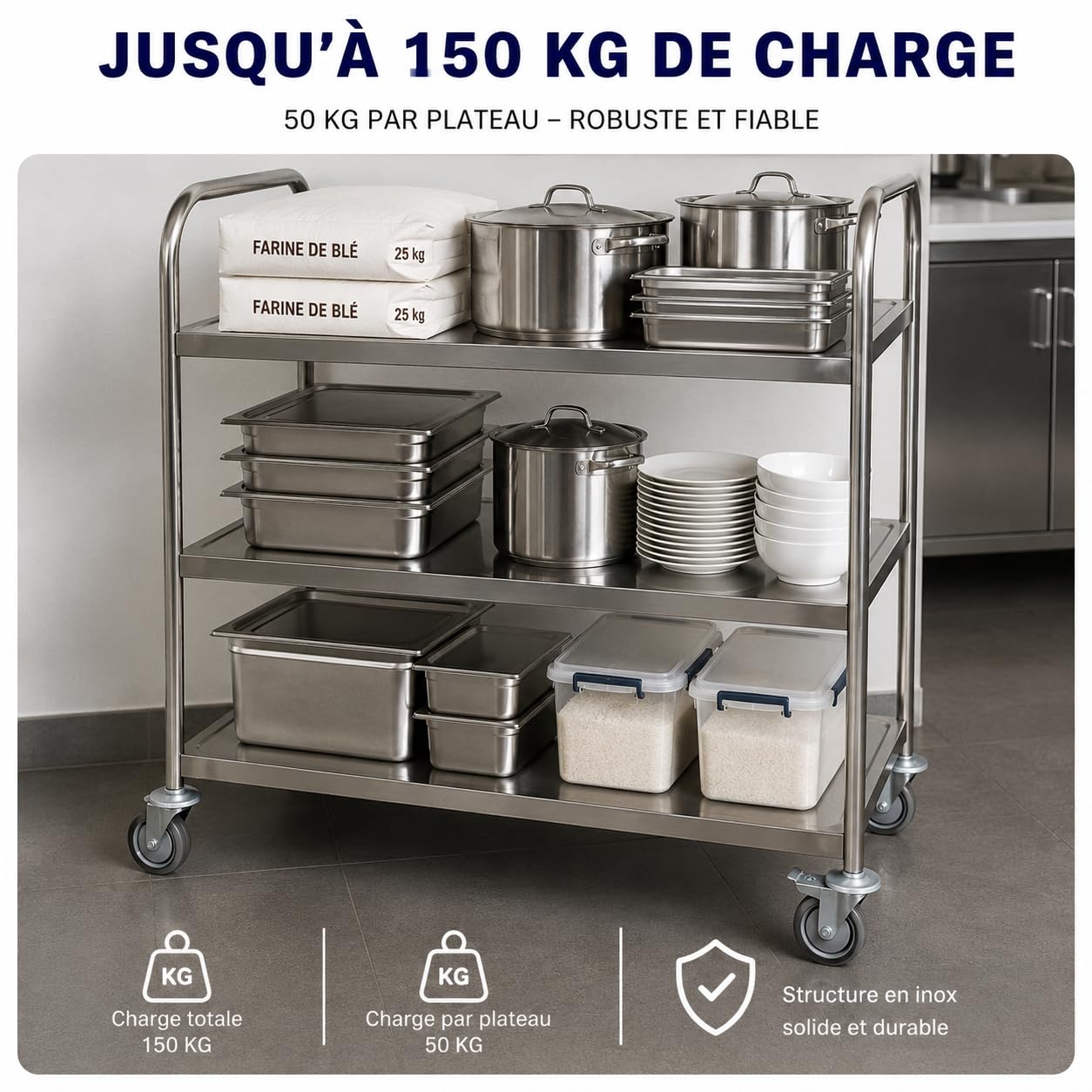 Chariot de Service INOX Professionnel 3 Niveaux – 84,5 x 52,5 x 94 cm – Charge 150 kg – 4 Roues Pivotantes 2 avec Freins – Desserte INOX Cuisine Professionnelle, Restaurant, Collectivité