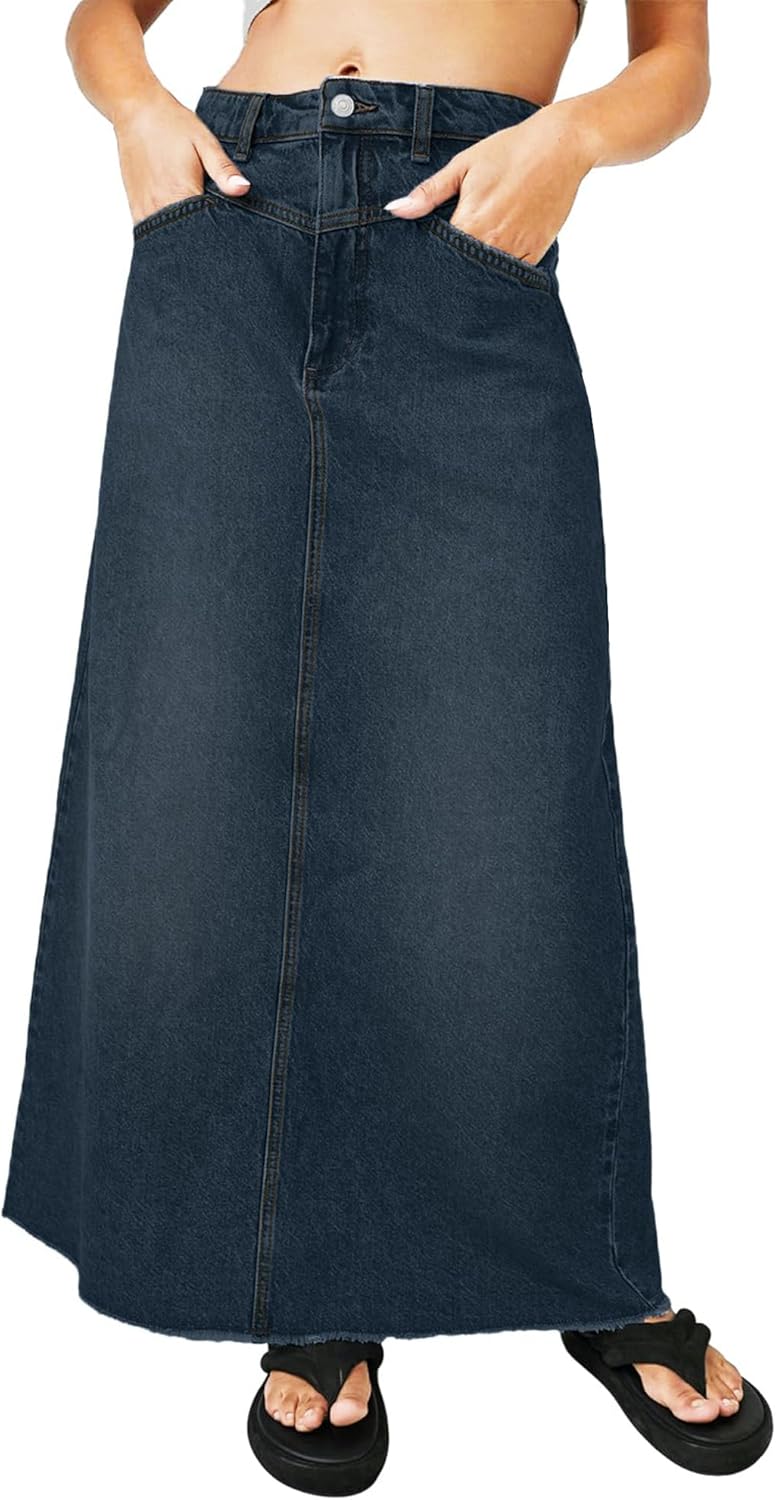 Women's Maxi Jean Skirt High Waisted A-Line Long Denim Stretch Skirts with Frayed Raw Hem for Ladies - Image 2