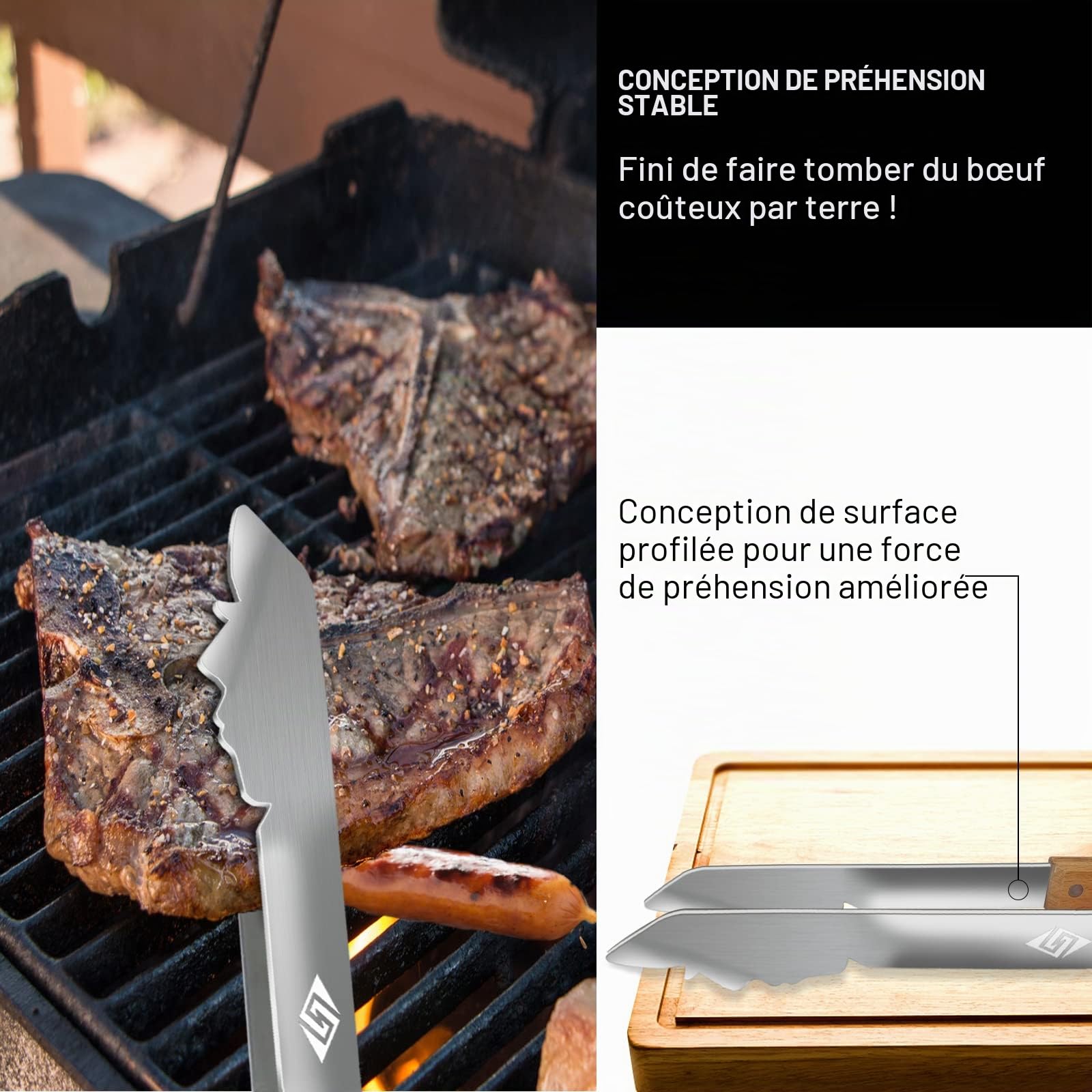Pince à gril pour barbecue extérieur, Outil de gril de 43 cm de long, ustensile de barbecue en métal, manche en bois, outil de barbecue amusant pour griller