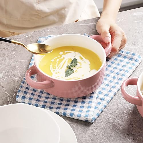 Miniatura 6 de Sweejar Tazones de sopa de cerámica con asas dobles, cuencos apilados de 20 onzas para sopa de cebolla francesa, cereales, tartas de olla, guiso,