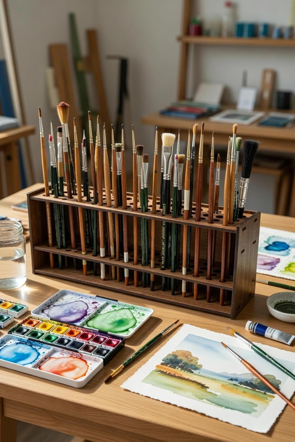 SODEF MDF Wooden Brush Stand, Desktop Paint Brush Organizer, 10.2x2.8x3.7 Inches, Brown - Brown