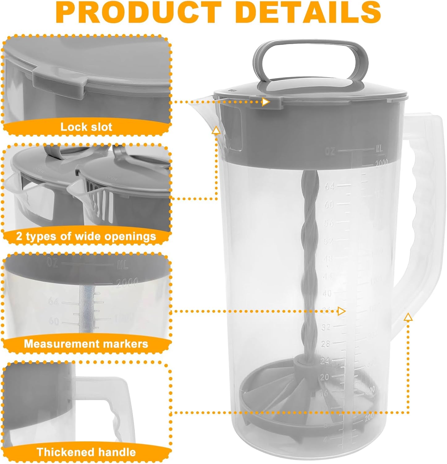 3 Pack Mixing Pitcher for Drinks 2 Quart/ 64oz Plastic Water Pitcher with Lid，Easy-Mix Juice Container，Angled Plastic Blades and Adjustable Mixer Plunger for Juice, Tea, Beverage Container