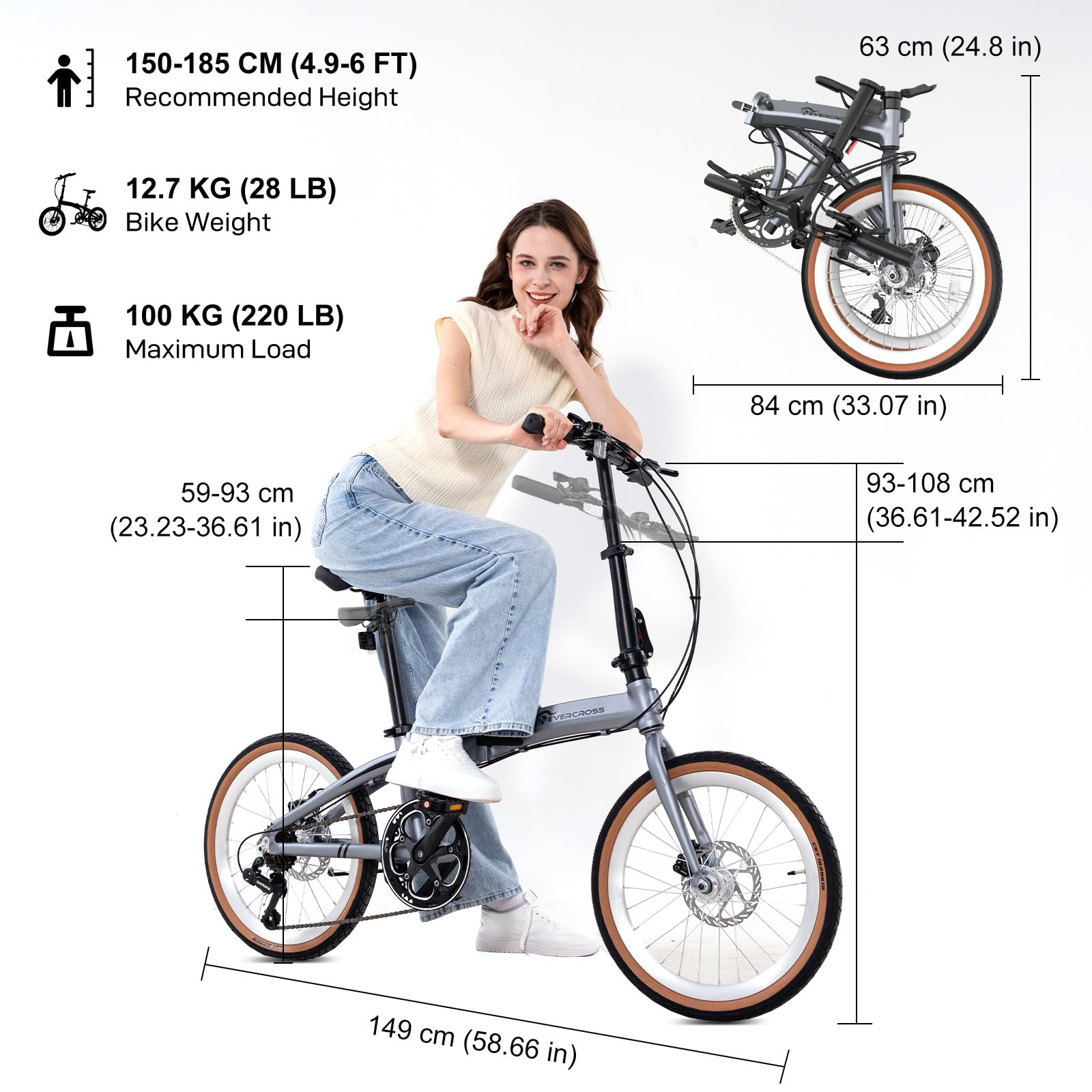 EVERCROSS EM1 Bici Pieghevole per Adulti e Ragazzi dai 12 Anni – Ruote 20", 7 Velocità, Doppi Freni a Disco, Telaio in Alluminio Leggero, Peso 12,7 kg, 99% Pre-montata, Adatta ad Altezze 150-185 cm