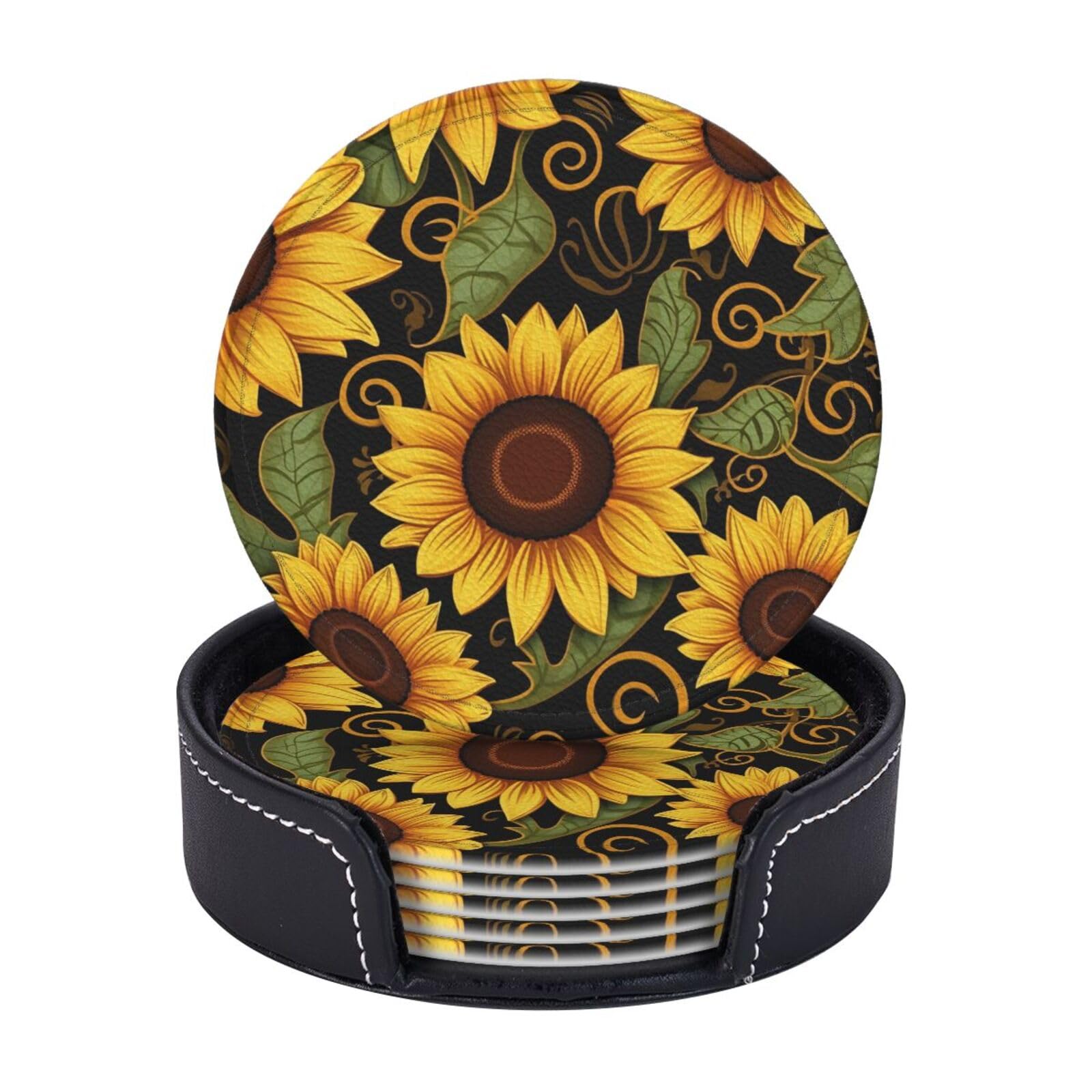 6PCS Drink Coasters with Holder, 4" Leather Coasters for Drinks, Beautiful Sunflower Cup Coasters for Coffee Table Decor, Non-Slip Drinking Cup Mat for Hot or Cold Drink