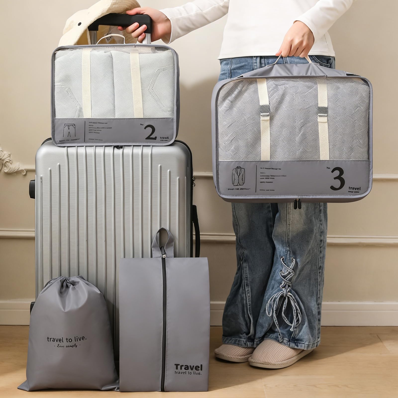 Set di 7 cubi per valigie, organizer leggeri per bagagli, accessori da viaggio, organizer per valigie a compressione, set di borse e cubi da viaggio, per viaggi, borse da imballaggio per vestiti