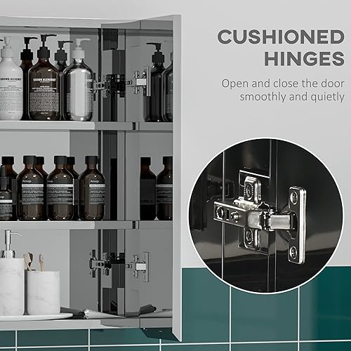 Miniatura 6 de kleankin Botiquín montado en la pared con espejo, armario de espejo de baño montado en la pared con puerta con bisagras, estantes de almacenamiento