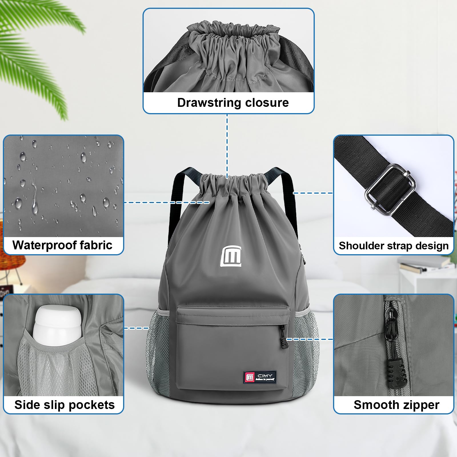 Tesmien Drawstring Bags,Waterproof Swimming Bags Unisex Sports Backpacks for Kids Adult Large Drawstring Sackpacks Bags for School Gym Sports Travel Swimming-Grey - Image 2