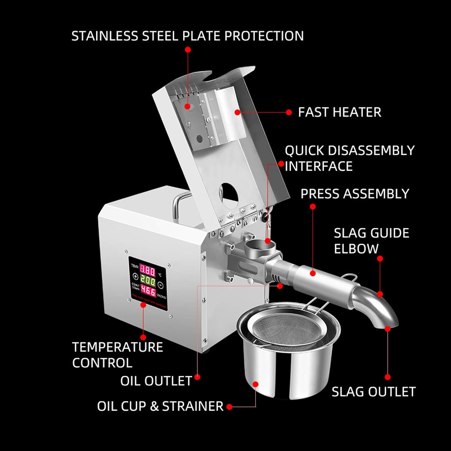610W Electric Household Oil Press Machine Stainless Steel Oil Extractor Machine Suitable for Peanut Sesame Sunflower Seed Flaxseed Knob Seed Almond