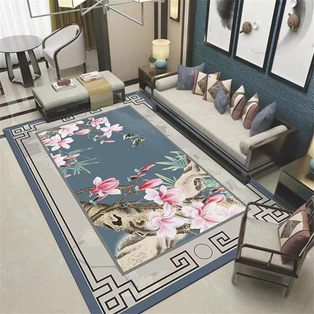 Tapis bleu 80x150cm style fleurs orientales pour salon et chambre