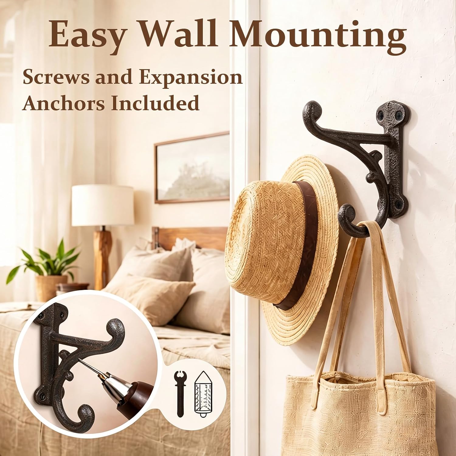 Threehoney 5 Pack Black Cast Iron Coat Hooks Wall Mount, Rust