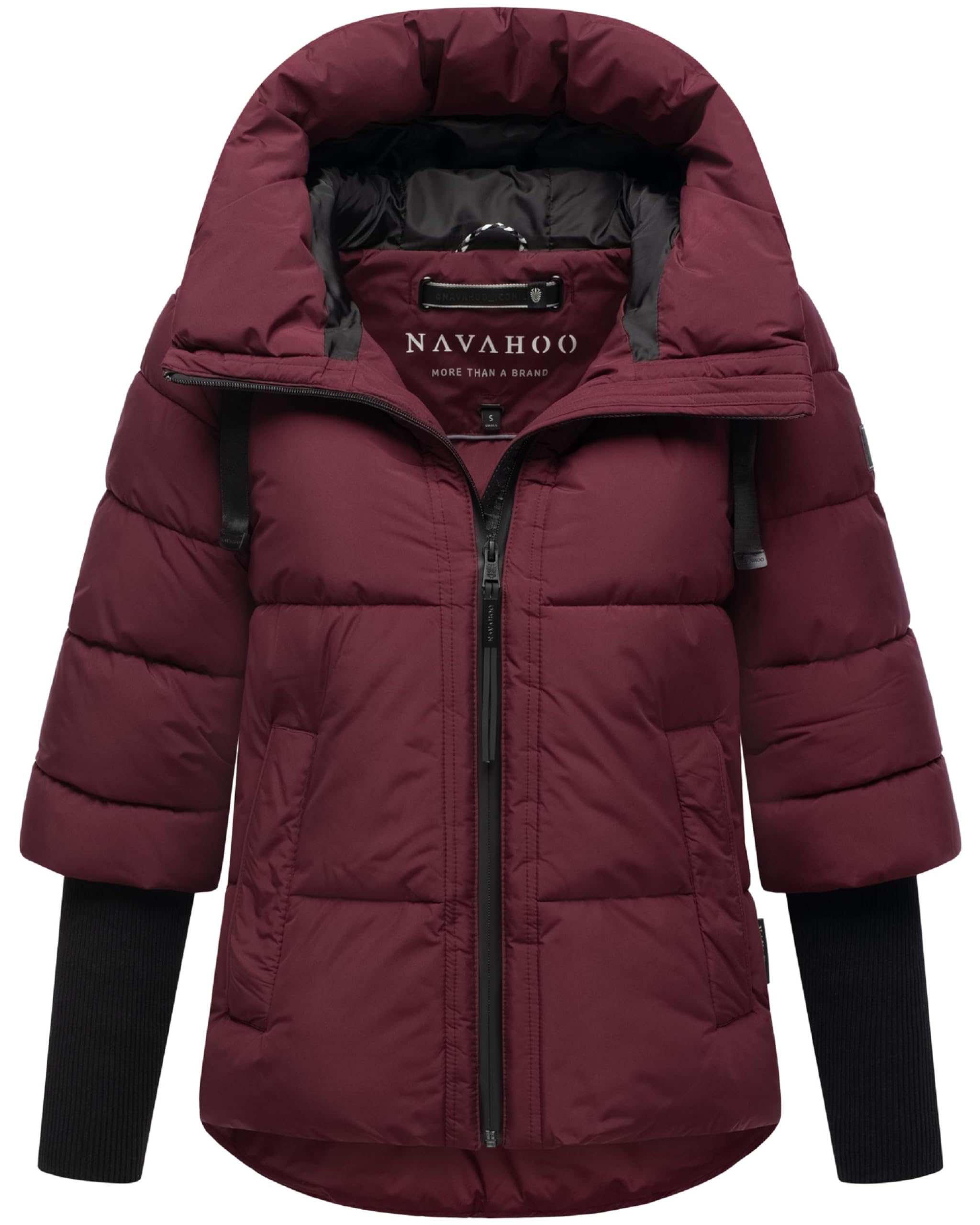 Navahoo Women's Wine Red Modern Winter Jacket Warm Quilted Jacket With Hood And Ribbed Knit Sleeves Lotus Heart Xiv Xs-3Xl, L