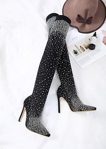 Miniatura 5 de Calcetines de malla elástica fina para mujer con brillantes glamour, botas de tacón alto con diamantes de imitación