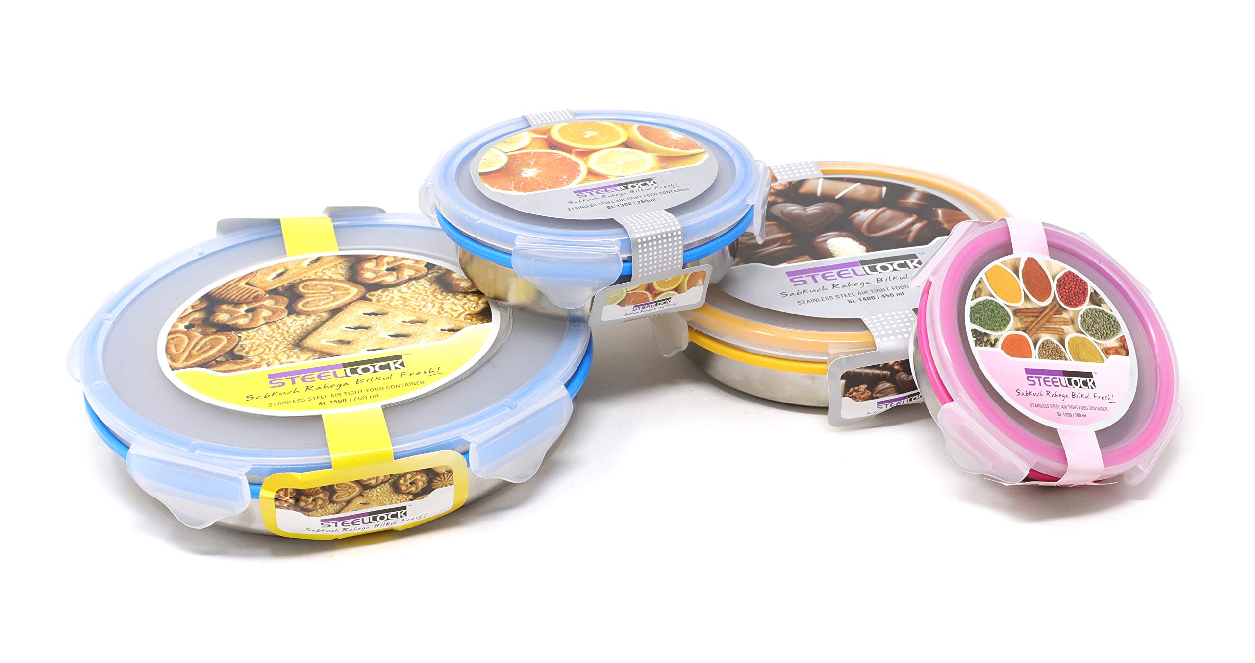 Steel Lock Stainless Steel Airtight Flat Storage Container 4 Pc Set, 100-750 ml