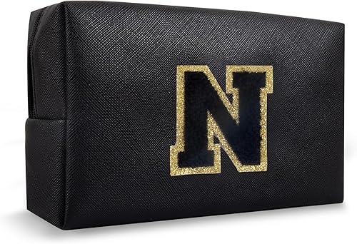 Miniatura 8 de Bolsa de maquillaje preppy inicial personalizada Pequeña bolsa de carta de chenilla de viaje linda, Negro -, Moda