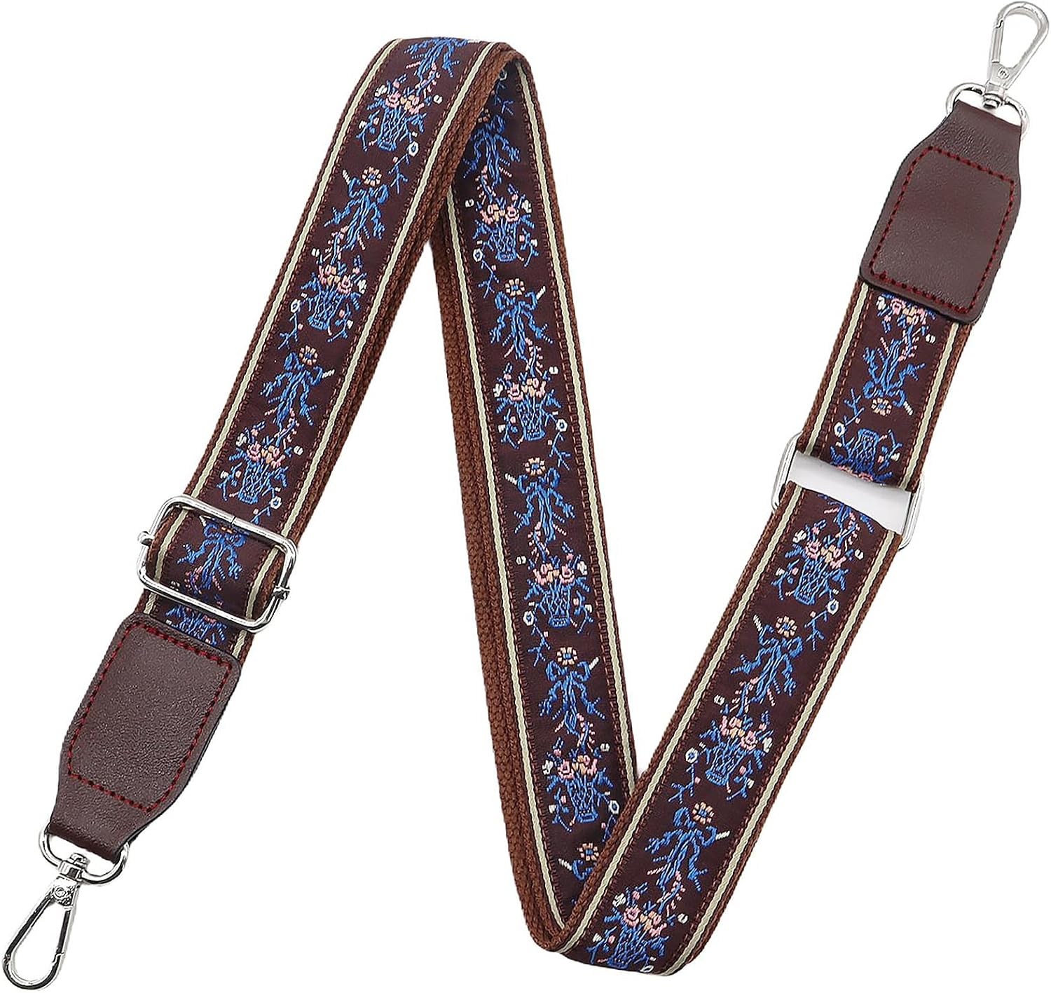 LEMEDE Adjustable Bag Strap 33-54 inch, 1.2 inch Wide Bohemian Purse Straps with PU Leather Ends & Metal Clips, Replacement Crossbody Strap