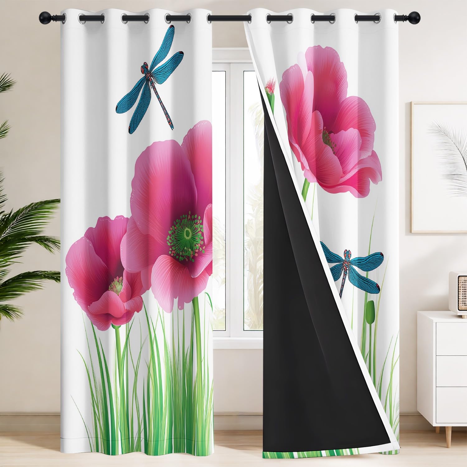 Generisch Zasłony nieprzejrzyste, zestaw 2 sztuk, 135 x 190 cm, niegniotące się – różowy mak, niebieska ważka, zielona trawa, zwierzęta – zasłony w hiperrealistycznym, świeżym, naturalnym stylu do
