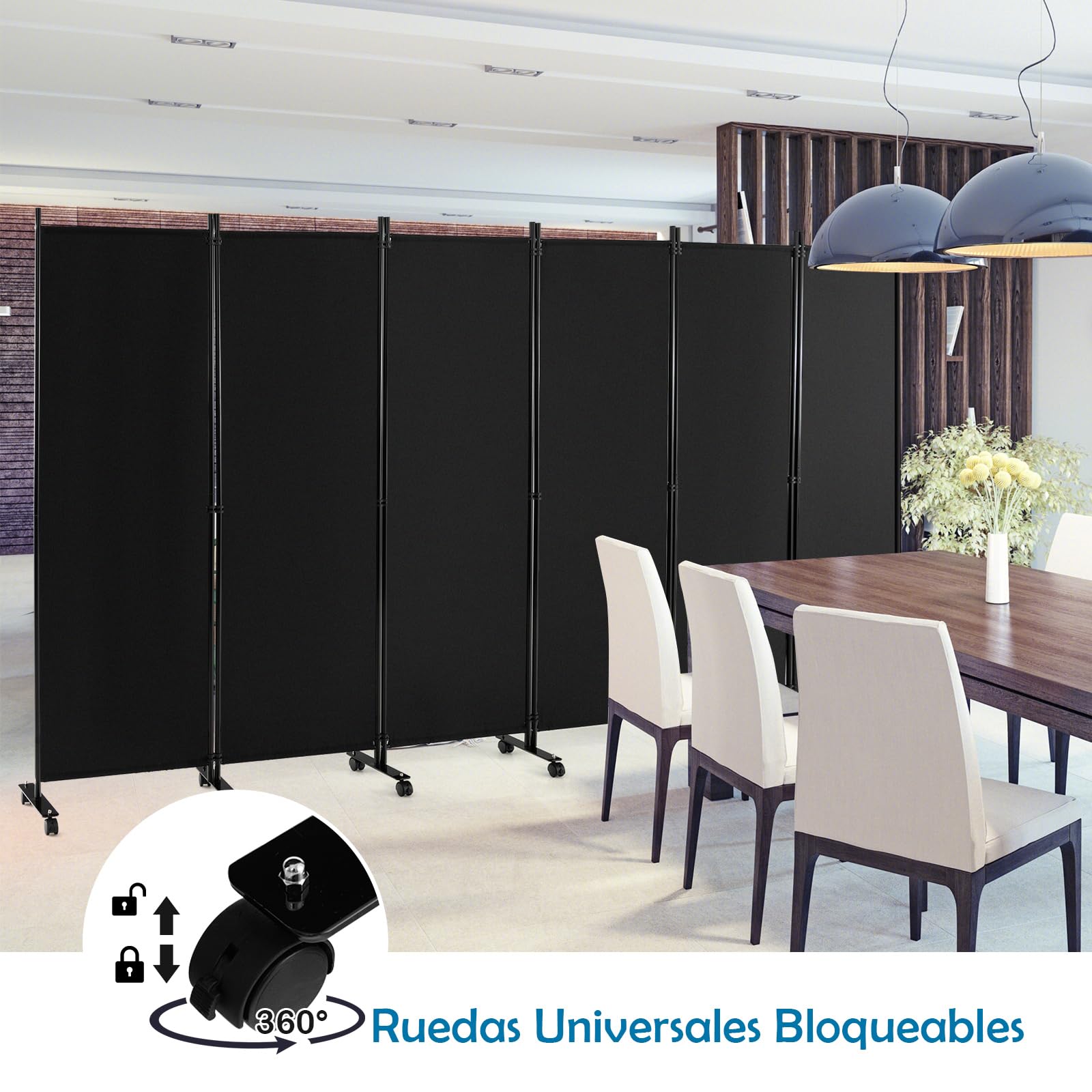 GOPLUS Biombo Separador de Ambientes de 6 Paneles con 14 Ruedas Bloqueables, Biombo Plegable de Tela con Marco de Metal para Privacidad, Divisor para Salón Dormitorio Oficina (Negro)