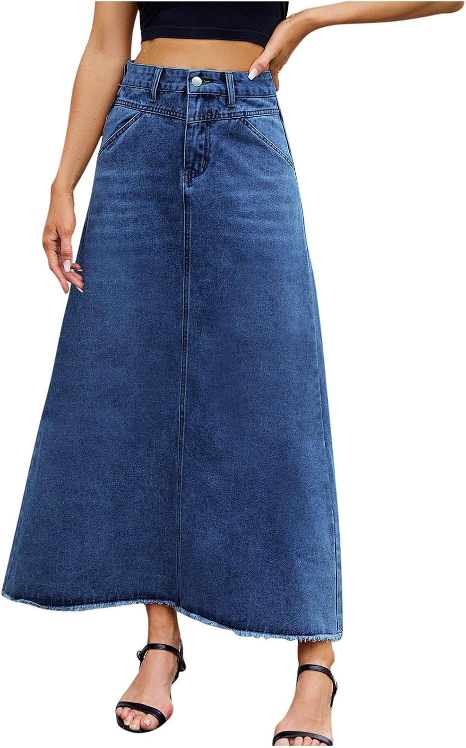 Long Denim Skirts for Women High Waist Frayed Hem Distressed Ankle Length A-Line Jean Skirts