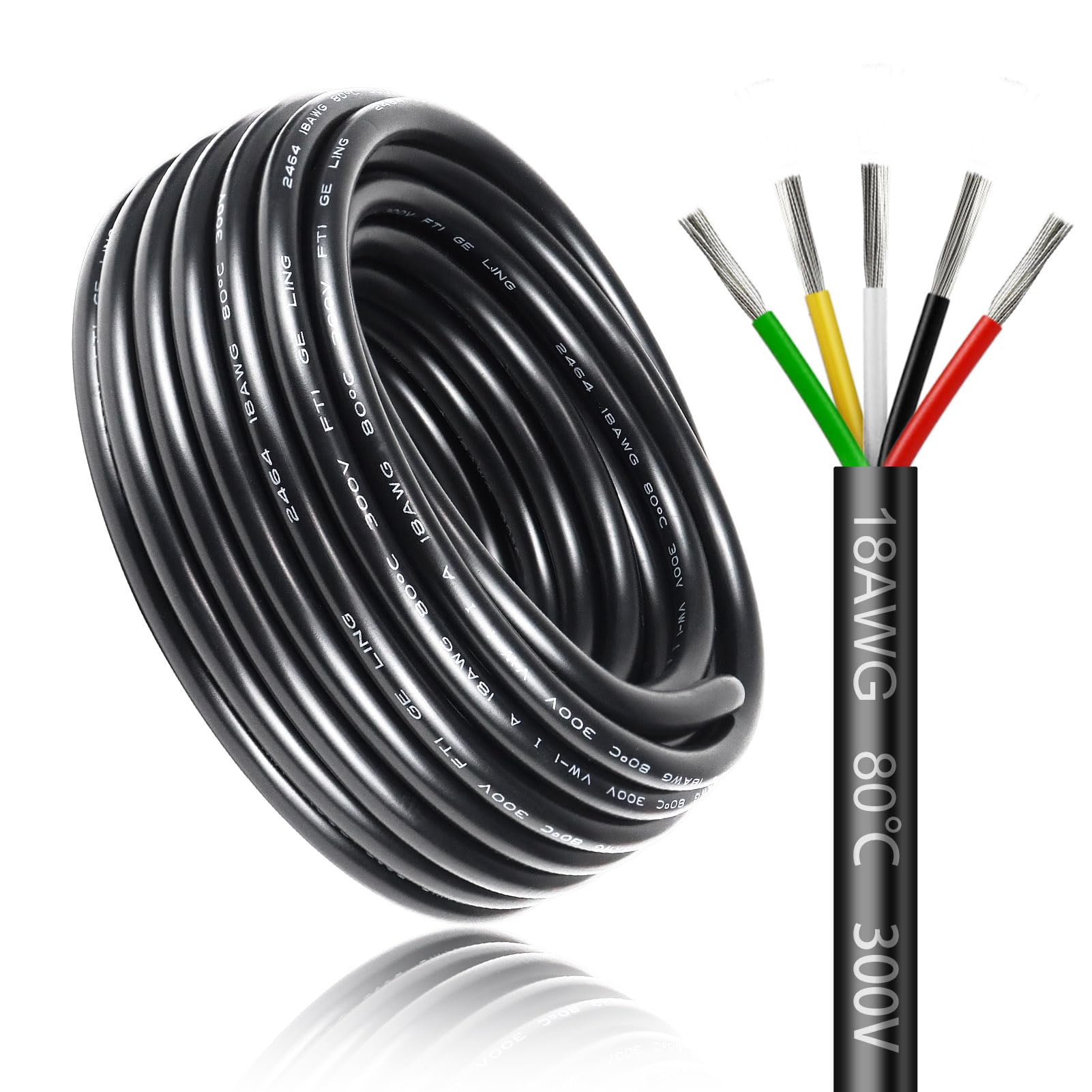 5 Meter 18AWG 5x0,75mm² Elektrischer Kabel, 5 Adriges Kabel 5V/12V/24V/300V Stromkabel Verzinntes Kupferkabel, Flexibel und Weich Niedrige Impedanz Hohe Temperaturbeständigkeit Verlängerungskabel