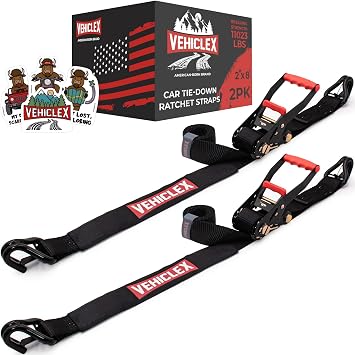 Vehiclex Car Tie Downs with Double J-Hooks - Heavy Duty 2PK, 2" x 8ft Car Hauling Straps for Trailers, 11,000 lb Breaking Strength