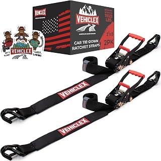 Vehiclex Car Tie Downs with Double J-Hooks - Heavy Duty 2PK, 2" x 8ft Car Hauling Straps for Trailers, 11,000 lb Breaking Strength