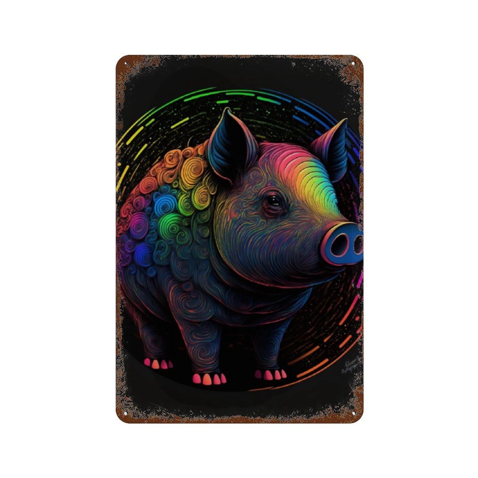 Rainbow Pig Art Print Retro Metal Sign 11.8"x7.9", Decorative Metal Wall Art for Basement, Hobby Room And Garage Decor