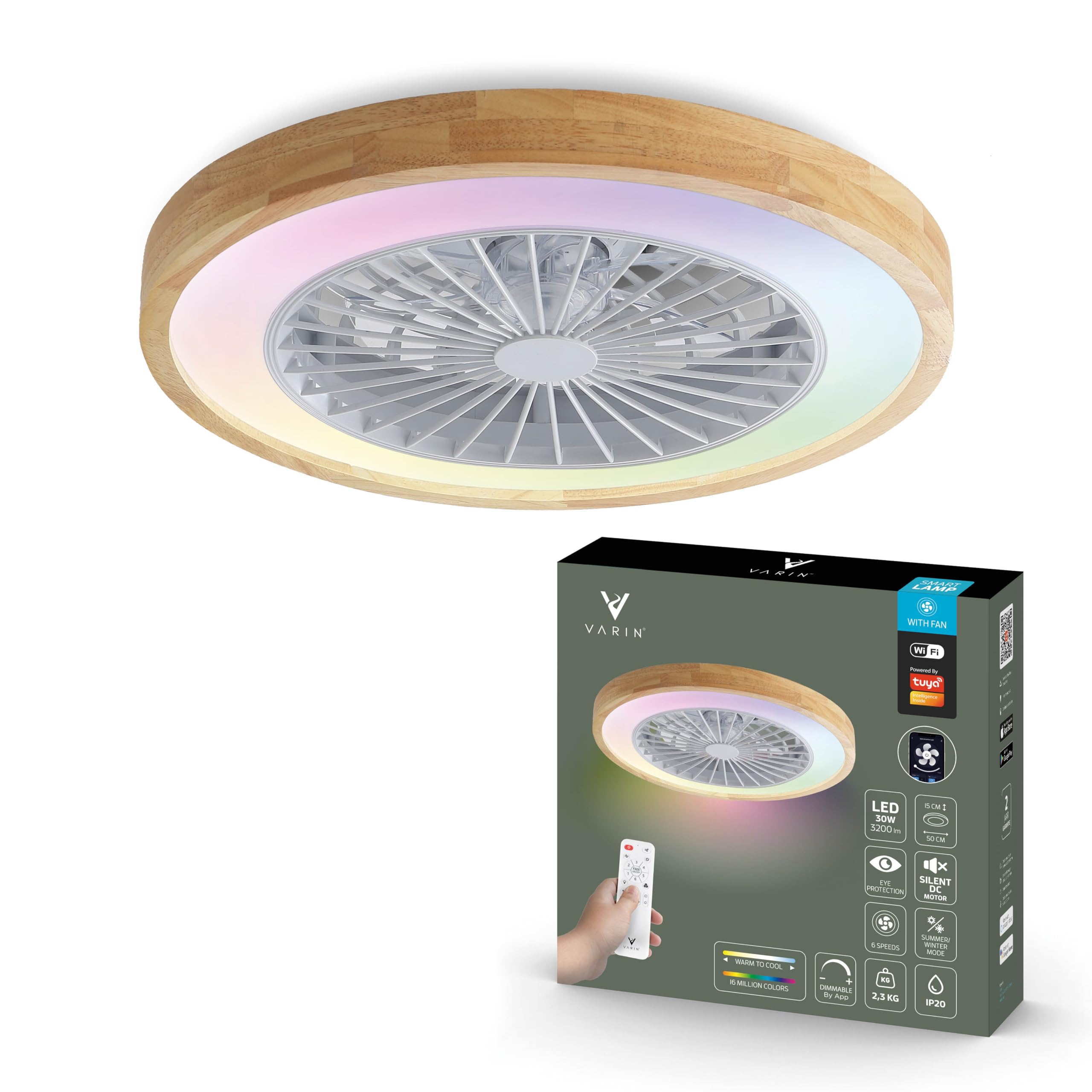 Varin Ventilateur Plafond avec Lumiere Intelligent, Plafonnier Silencieux Chambre, Tuya Wi-Fi LED 30W RGBW Ø 50 cm Télécommande 3000K-6000K Bois Clair
