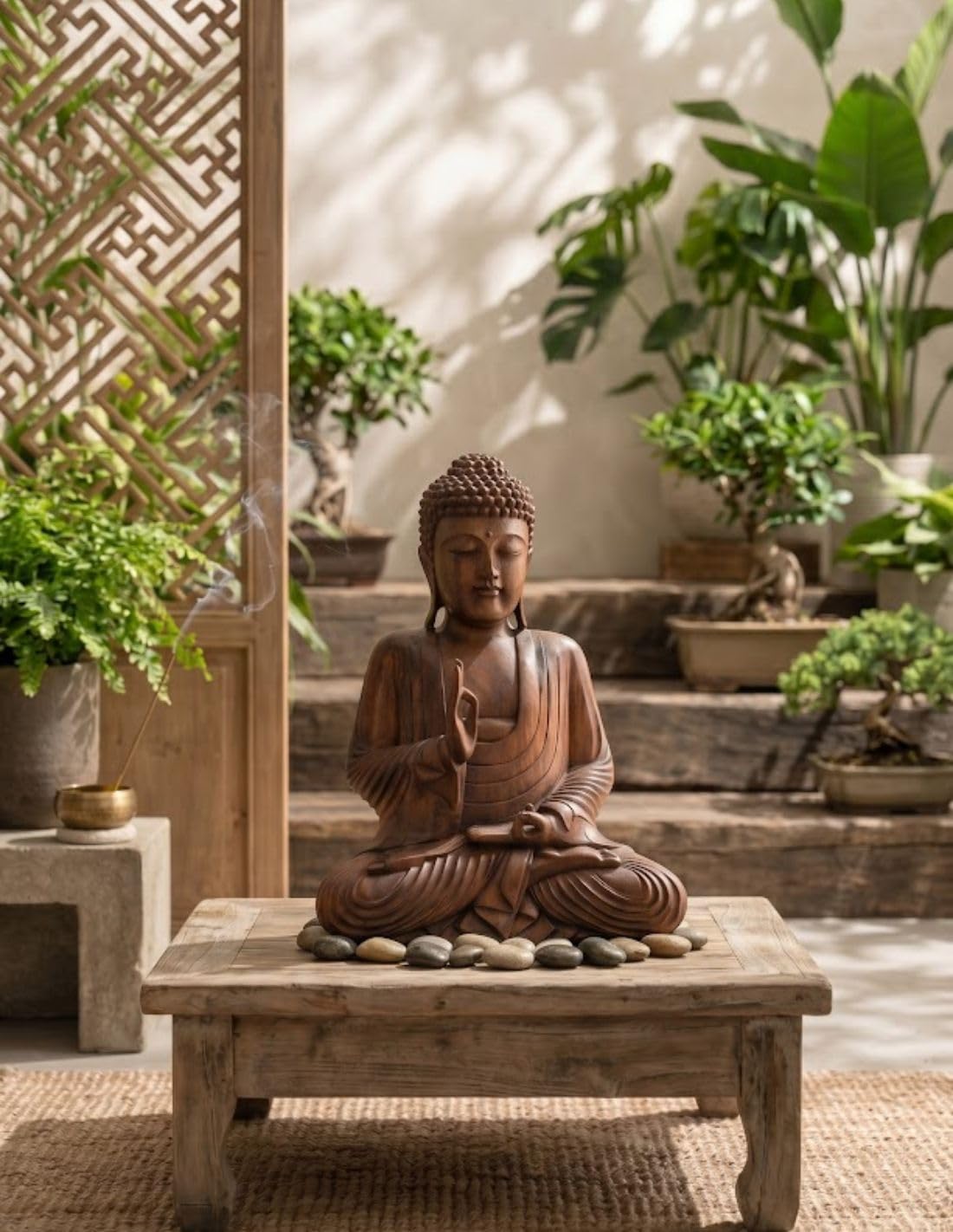 Statua di Buddha seduto in legno massello scolpito a mano 30 cm