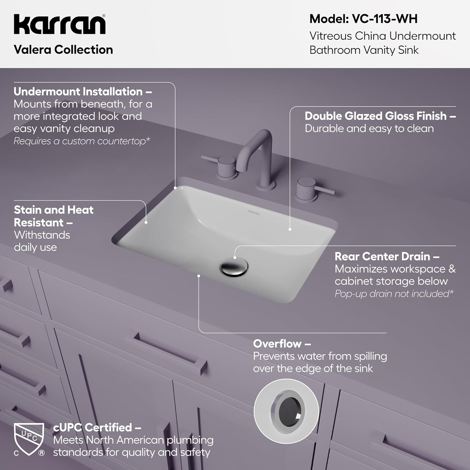 Karran Valera VC-113-WH 18" Rectangular Undermount Bathroom Sink in White – Vitreous China, Compact Bowl
