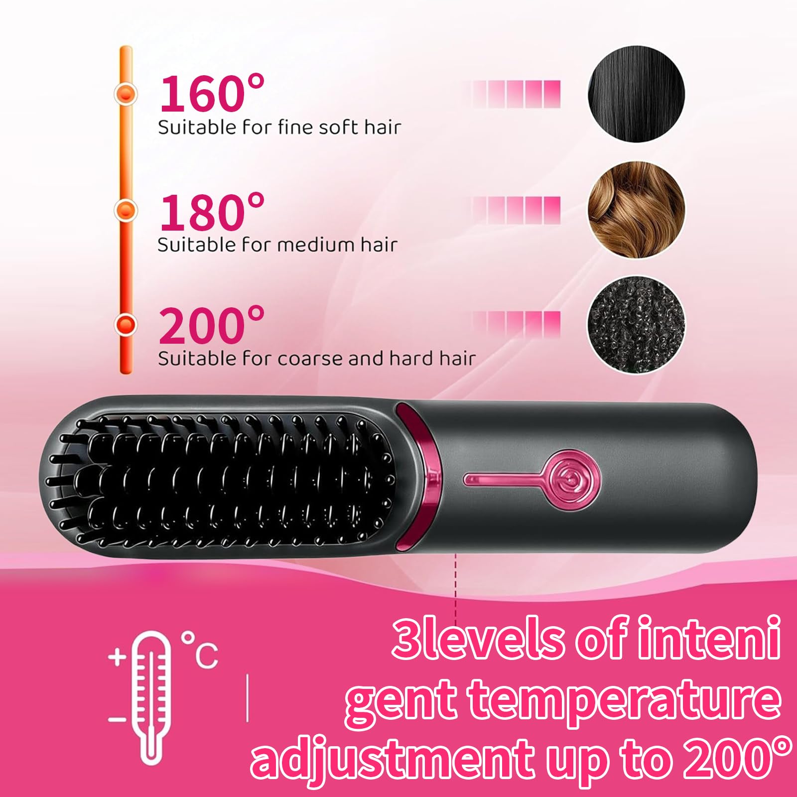 Brosse Lissante pour Cheveux, Lisseur Cheveux Céramique, 2026 Portable Sans Fil PTC Chauffage Lisseur, 3 RéGlages De TempéRature, Céramique Anti-BrûLure, pour Voyage & Powerbank (Gris) - 3