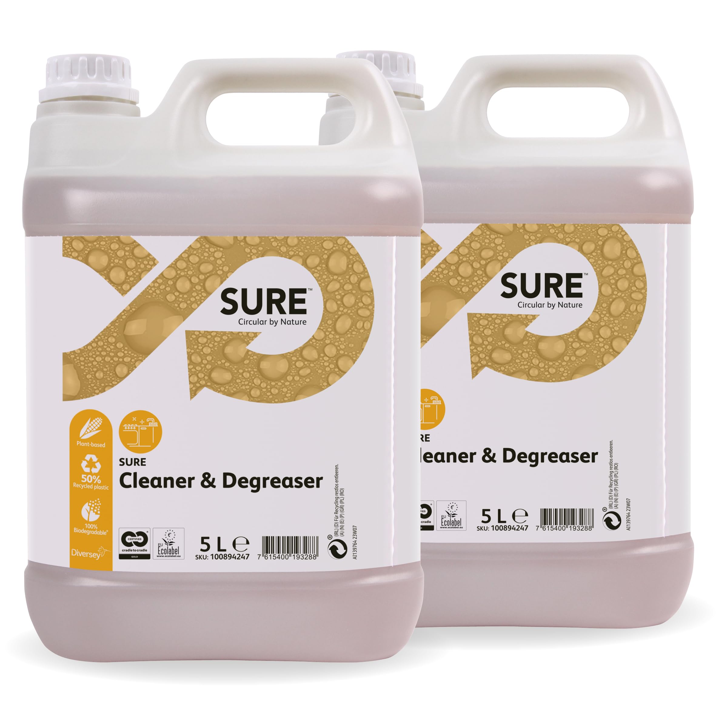 Diversey Sure concentrato detergente e sgrassatore, pianta base, 100% biodegradabile, ecologico, 5L (confezione da 2)