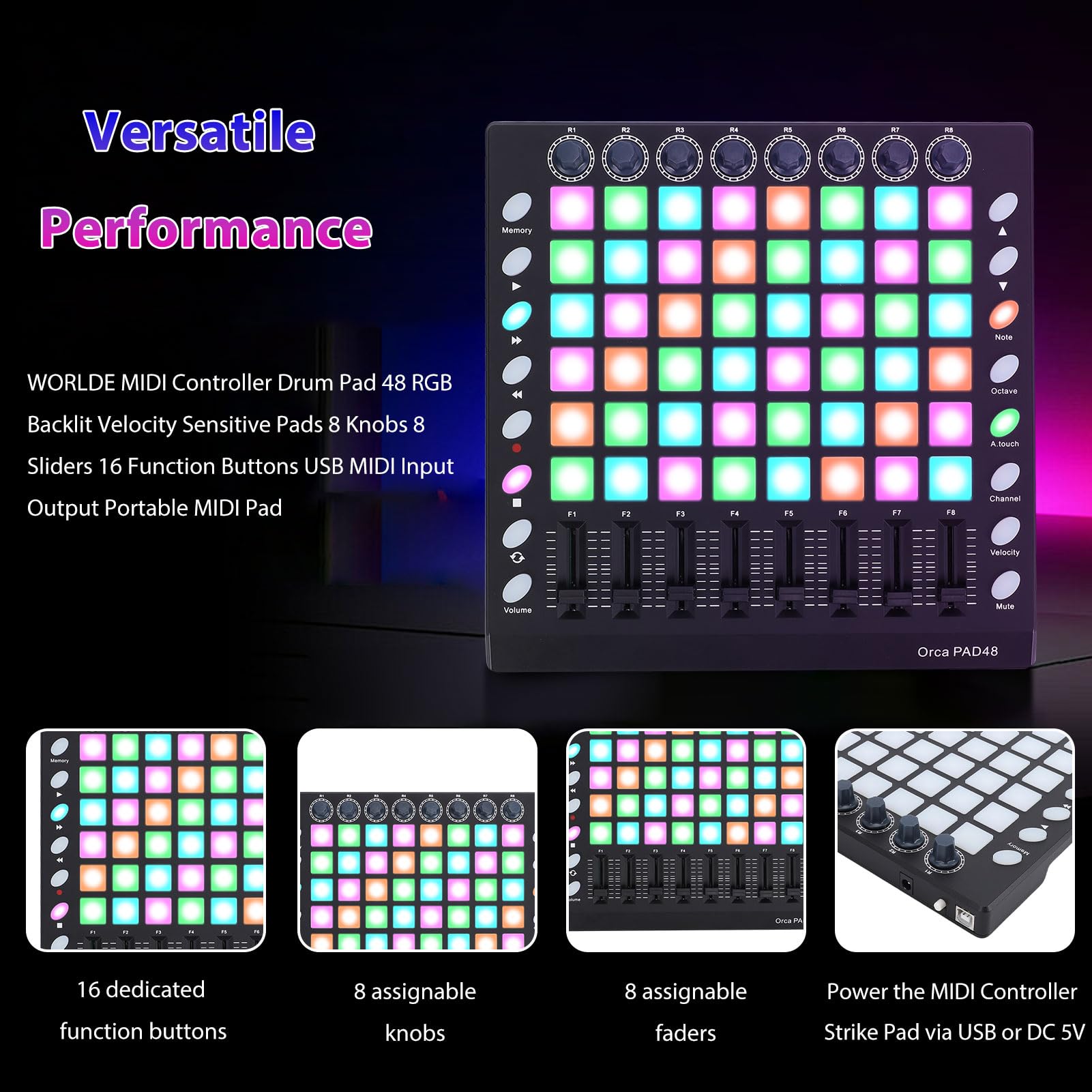 RiToEasysports Controlador MIDI, 48 Pads Retroiluminados RGB con 8 Perillas 8 Atenuadores para Producción Musical, Pad de Batería USB Portátil para DJ Performance Live Studio